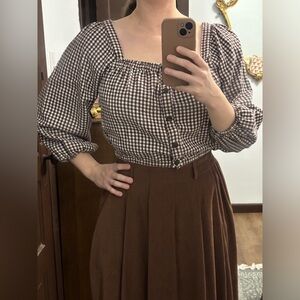 Madewell Brown Gingham Puff Sleeve Blouse